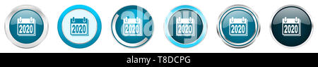 Neues Jahr 2020 silber metallic Chrom Grenze Symbole in 6 Optionen, von Web blau runde Tasten auf weißem Hintergrund einstellen Stockfoto