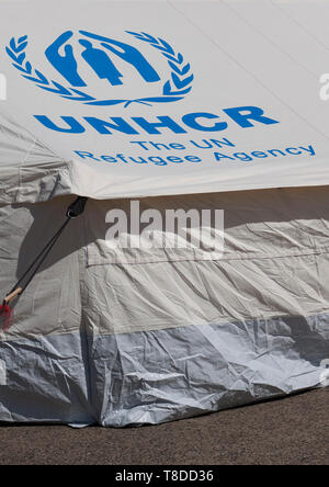 UNHCR, Zelt in einem Flüchtlingslager Stockfoto