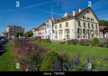 Schweiz, Kanton Waadt, Nyon, Molard Square, Porzellan street Stockfoto