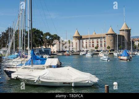 Schweiz, Kanton Waadt, der Hafen und das Schloss von Morges Stockfoto