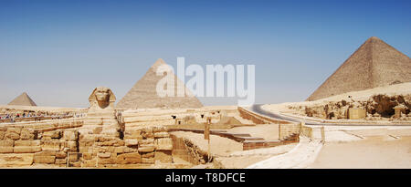 Panorama Ansicht von Gizeh in Kairo, der große pyramyd von Cheops, die Pyramiden von kefren und Micerinos, der Sphinx Stockfoto