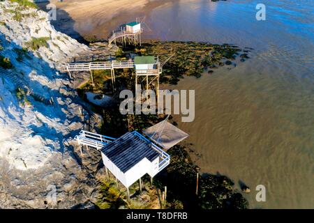 Frankreich, Poitou-Charentes, Saintonge, Côte de Beauté, Mündung der Gironde, Meschers-sur-Gironde, Klippen und Höhlen Wohnungen (Luftbild) (Luftbild) Stockfoto