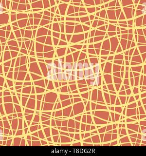 Gelbe hand Abstract vertikale Linien wellig doodle Mesh erstellt. Die nahtlose Vektor Rastergitter Muster auf orangem Hintergrund. Toll als Textur, für Verpackung Stock Vektor