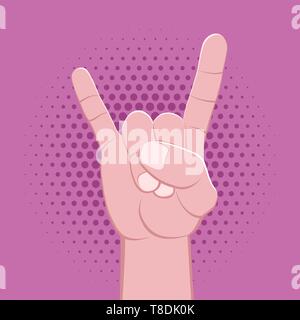 Vektor rock Symbolische gekreuzten Fingern männlichen Palm hand Ziege Geste Konzept Zeichen vintage Abbildung Retro Poster Design auf violett pink gepunktete isoliert Stock Vektor