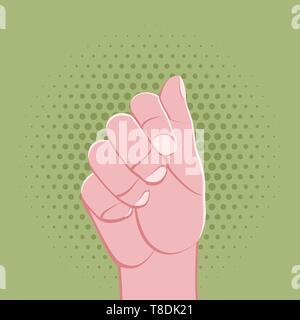 Vektor symbolische verkrampften Finger männlichen palm Geste holding Konzept Zeichen vintage Abbildung Retro Poster Design isoliert auf grüne gepunktete backgro Stock Vektor