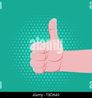 Vektor symbolische verkrampften Finger männliche Faust Hand Daumen oben-Geste Konzept Zeichen vintage Abbildung Retro Poster Design auf cyan grün gepunktete isoliert b Stock Vektor