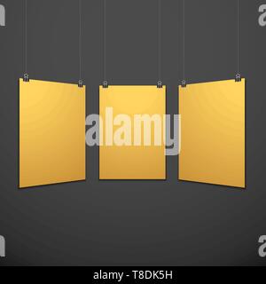 Vektor senkrecht Gold leer Poster Set ausgesetzt auf Office schellen Mock up realistische Schatten leere Vorlage schwarz Hintergrund isoliert Stock Vektor