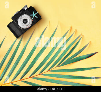 Flach von retro Foto Kamera und Palm Blätter gegen gelben Hintergrund minimal kreativen tropische Konzept Stockfoto