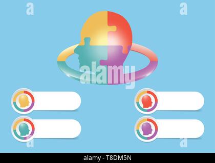Infografik von Puzzle Kopf in vier Abschnitte unterteilt ist in der Mitte von Vektor- und leere Bezeichnungen für Ihren Text unter dem Kopf. Stock Vektor