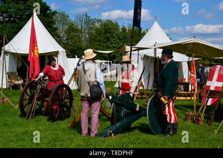 Krieg der Rosen Reenactment Gruppe zeigen Ihre Kanonen an der Milton Keynes Museum Geschichte Festival 2019. Wolverton, Buckinghamshire, England Großbritannien Stockfoto