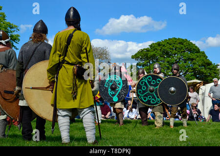 Viking Battle Reenactment bei Milton Keynes Museum Geschichte Festival 2019. Wolverton, Buckinghamshire, England, Großbritannien Stockfoto