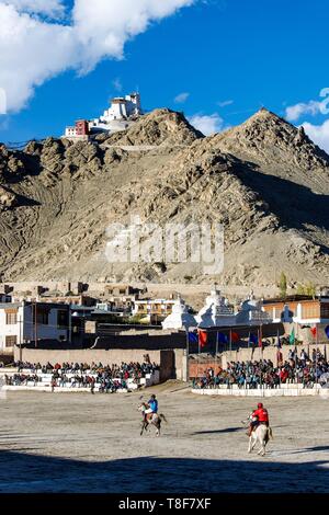 Indien, Bundesstaat Jammu und Kashmir, Himalaya, Ladakh, Indus Valley, Leh (3500 m), Polo Spieler auf ihre Pferde während eines Wettbewerbs im Rahmen des jährlichen Ladakh Festival organisiert mit im Hintergrund das Namgyal buddhistische Kloster Stockfoto