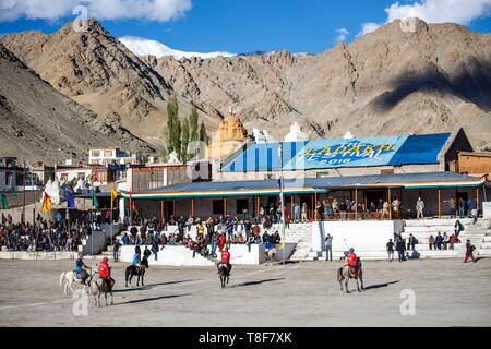 Indien, Bundesstaat Jammu und Kashmir, Himalaya, Ladakh, Indus Valley, Leh, Polo Spieler auf ihre Pferde während eines Wettbewerbs im Rahmen des jährlichen Ladakh Festival organisiert Stockfoto