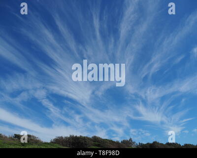 Weiße wispy himmlische Cirrus Wolken bilden hübsche Muster in der Blauer Himmel Stockfoto