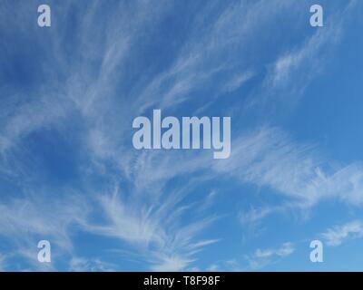 Weiß Wispy Cirrus Wolken bilden hübsche Muster, die in den blauen Himmel Stockfoto