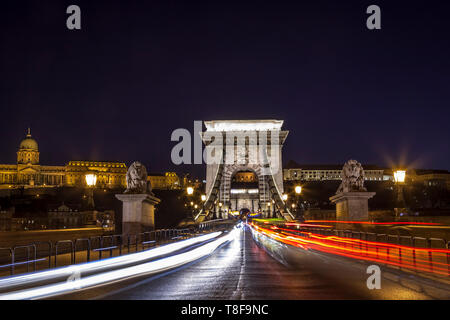 Verkehr in Budapest's berühmten Chain Bridge in der Dämmerung Stockfoto