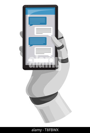 Abbildung: ein Roboter Hand mit einem Mobiltelefon und Beantworten von Nachrichten Stockfoto