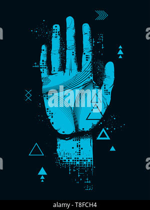 Abbildung eines Digitalen Hand mit Bits, Pixel und Linien Stockfoto