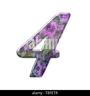 Die Zahl vier Teil einer Reihe von Buchstaben, Zahlen und Symbole von 3D Buchstaben mit einem floralen Bild auf weißem Hintergrund Stockfoto