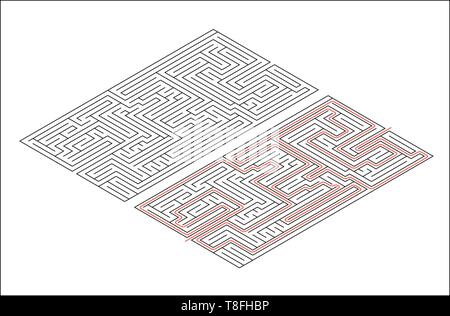 Rechteckige Labyrinth von mittlerer Komplexität in der isometrischen Ansicht isoliert auf weißem und Lösung mit Roter Pfad Stock Vektor