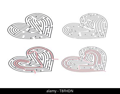 Zwei komplizierten Labyrinthe in Herzform, Labyrinthe mit Roter Pfad Lösungen in der isometrischen Ansicht isoliert auf weißem Stock Vektor