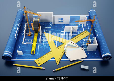 Haus Bauvorhaben mit Linealen, Maßband, Bleistifte und Farbe cartela. 3D-Darstellung. Stockfoto