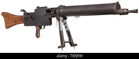 Ein MG 08/15 auf zweibein deaktiviert Waffe Cal. 8 x 57, No. 606 C. Keine übereinstimmenden Nummern. Auf das Gehäuse mit der Aufschrift "Gwf. Erfurt 1918' für Royal Rifle Werk Erfurt und Produktionsjahr 1918. Verschiedene imperiale Akzeptanzzeichen. Tangente Kimme skaliert 4 - 20. Zweibein. Weitgehend vollständigen ursprünglichen beenden. Flecken und Löcher in den Plätzen. Vor allem an der Vorderseite des Gehäuses an der Abdeckung an und auf dem Wasser - Jacke gekühlt. Teile aus Holz sehen fast neu. Authentizität nicht garantiert. Insgesamt noch gute Voraussetzung für eine interessante Waffe. Vorsichtig in ein deaktivierter Waffe verwandelt. Zertifiziert, Additional-Rights - Clearance-Info - Not-Available Stockfoto