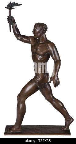 August Wilhelm Goebel (1883-1993) - olympischer Fackelträger ca. 1935 Bronze in stilisierten, modernistischen Aussehen, nicht anders als amerikanische WPA Skulptur der Periode. "A. W. Goebel', keine Gießerei Stempel unterzeichnet. Höhe 50 cm, Gewicht 24 kg entsprechend der ehemaligen Besitzer, war die Abbildung einer vorgeschlagenen monumentale Skulptur für Berliner Olympiagelände, aber nie realisiert. Goebel arbeitete in Holz und Bronze. Er im Haus der Deutschen Kunst ausgestellt, und er war ein modeler Für mehrere deutsche Porzellanfabriken. Aus dem Nachlass des Künstler, vielleicht einzigartig. USA - Los historischen, historische, 20. Jahrhundert, Editorial-Use - Nur Stockfoto