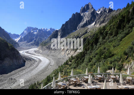 Terrasse panoramique. La Mer de Glace. Gletscher Alpin de Vallée. Massif du Mont-Blanc. Chamonix Mont-Blanc. Stockfoto