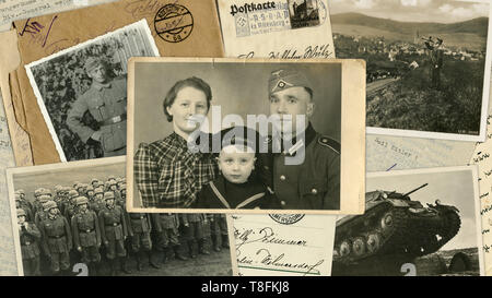 Historisches Foto Collage aus Fotos, Postkarten und Briefe. Eine deutsche Familie in der Mitte. Soldaten, Panzer. Das Schicksal der Menschen. Deutschland, Weltkrieg II, 1939 Stockfoto