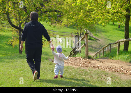 Vater und seinem Kind Tochter halding Hände, wandern auf einem idyllischen Bauernhof Frühling Toulcuv dvur, von grünem Gras und Natur umgeben, Richtung Stockfoto