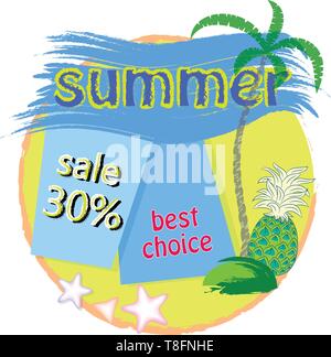 Summer Sale Plakat mit Palme und Ananas Vector Illustration. Stock Vektor