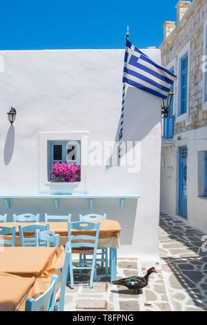 Gemütliches Café im Freien in der Stadt Naoussa auf Paros, Griechenland Stockfoto