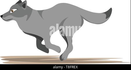 Ein wolf im Farbverlauf Grau und flauschigen Schwanz läuft über dem Land auf weißem Hintergrund von der Seite, Vektor gesehen isoliert, Farbe, Zeichnung oder illustrati Stock Vektor