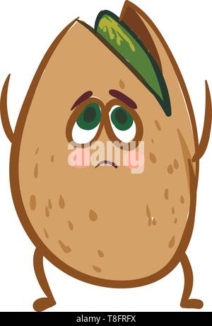 Eine pistazie Samen mit der ovale braune Schale aufgeteilt hat ein nettes Gesicht, mit zwei grünen Augen gerollt drückt Trauer beim Stehen und Hände ra Stock Vektor