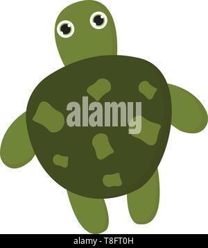 Eine niedliche Schildkröte hat eine dunkelgrüne Schale oder Schild mit Patches und hellgrünen Kopf mit Augen kriecht, Vector, Farbe, Zeichnung oder Abbildung. Stock Vektor