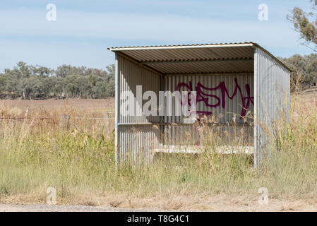 Eine einsame Leere Wellblech Bushaltestelle durch langes Gras umgeben, in der Nähe einer Koppel in regionalen New South Wales, Australien Stockfoto