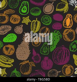 Nahtlose Muster mit farbigen Obst auf schwarzem Hintergrund. Vector Illustration für Ihr Design Stock Vektor