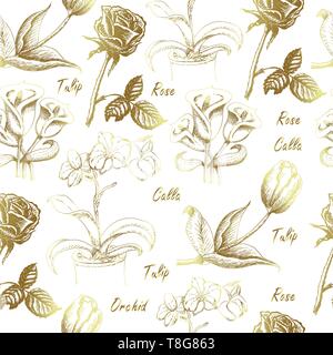 Nahtlose Muster mit Calla lily, Tulip, Orchidee, und Rose. Vector Illustration für Ihr Design Stock Vektor