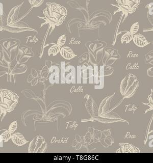 Nahtlose Muster mit Calla lily, Tulip, Orchidee, und Rose. Vector Illustration für Ihr Design Stock Vektor