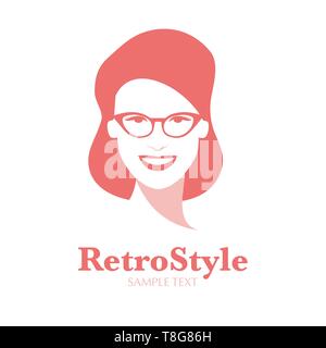 Symbol der lächelnde Frau mit Brille im Retro-Stil, auf weißem Hintergrund. Stock Vektor