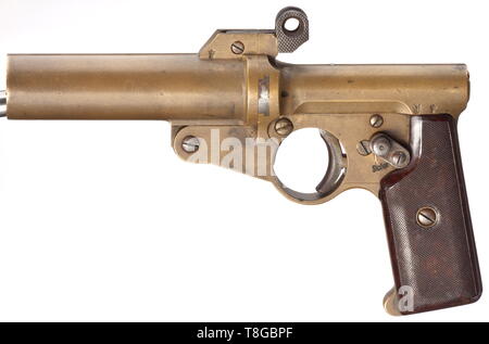 Eine doppelläufige Signal Pistole mod. A.-W. W, Drittes Reich, marine Cal. 4, Nr. 614. Übereinstimmende Nummern. Drop barrel mit Snapper lock, Länge 112 mm. Gesamtlänge 210 mm. Gewicht 905 g. Innenbereich Hammer. Sicherheit. Signal Pin. Bau zurückzuführen auf Artilleriewerkstätten Wilhelmshaven. Leicht Modell modifiziert. Auf der linken Seite des Zylinders und Riegel an der Rückseite der Schraube Gehäuse marine Akzeptanzzeichen eagle/Hakenkreuz, 'M' fehlt. Keine weiteren Stempel oder Beschriftung. Messing Griffrahmen und Zylinder. Glatte auslösen, modifizierte Öffnung Hebel, Steißlage, veränderten Safety, mechanische Teile und Schrauben, Editorial-Use - Nur Stockfoto