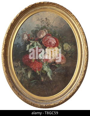 Anna Peters (1843 - 1926) - ein Oval mit blumen stillleben mit Pfingstrosen, ca. 1880 Öl auf Leinwand. Auf der rechten unteren'Anna Peters' unterzeichnet. In einem vergoldeten Putz Rahmen (mit minimaler Abplatzungen). Auf der Rückseite Reste eines Bestands der Großfürstin Olga Nikolajewna Romanova. Leicht eingerieben. Abmessungen der Malerei 70 x53 cm, Abmessungen der Rahmen 87 x 70 cm. Anna Peters - berühmte Deutsche Maler der Blumen. In Stuttgart gearbeitet. Ihre Gemälde können im Städtischen Museum in Biberach gefunden werden, im Museum in Stuttgart sowie an der Form, Additional-Rights - Clearance-Info - Not-Available Stockfoto