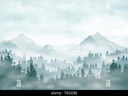 Realistische Darstellung der Landschaft Silhouetten mit Wald- und Nadelbäume. Nebel Nebel oder Wolken unter grün-blauen Himmel - Vektor Stock Vektor