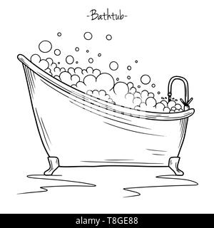 Skizze Badewanne mit Hahn und Schaum. Vector Illustration in Skizze Stil. Stock Vektor