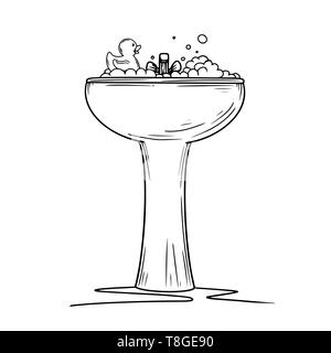 Keramik Waschbecken mit Schaum mit Schaum und Rubber Duck auf einem weißen Hintergrund. Cartoon Waschbecken mit Wasserhahn. Vektor Stock Vektor