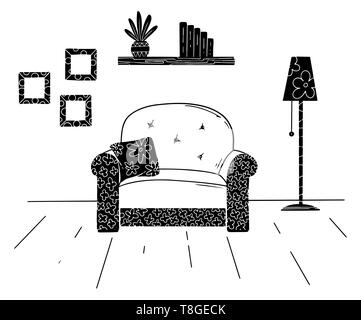 Einrichtung in skandinavischem Stil. Ein Teil der Zimmer. Hand gezeichnet Vector Illustration einer Skizze Stil. Stock Vektor