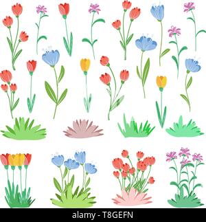 Satz von verschiedenen Pflanzen im flachen Stil. Blumen auf weißem Hintergrund und Blumensträuße isoliert. Vector Illustration Stock Vektor