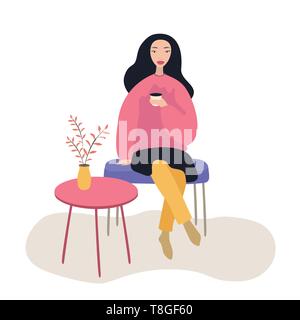 Schöne Frau auf dem Stuhl im Coffee Shop beim Trinken, Vector Illustration auf weißem Hintergrund Stock Vektor