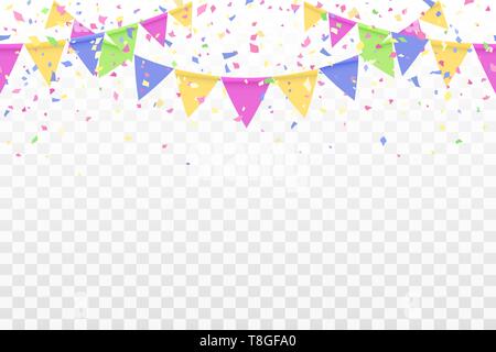 Schöne Muster bunte Fahnen Girlande und Konfetti. Karneval Girlande mit Wimpeln für Geburtstagsfeier, Festival und Messe Dekoration. Bunte Stock Vektor